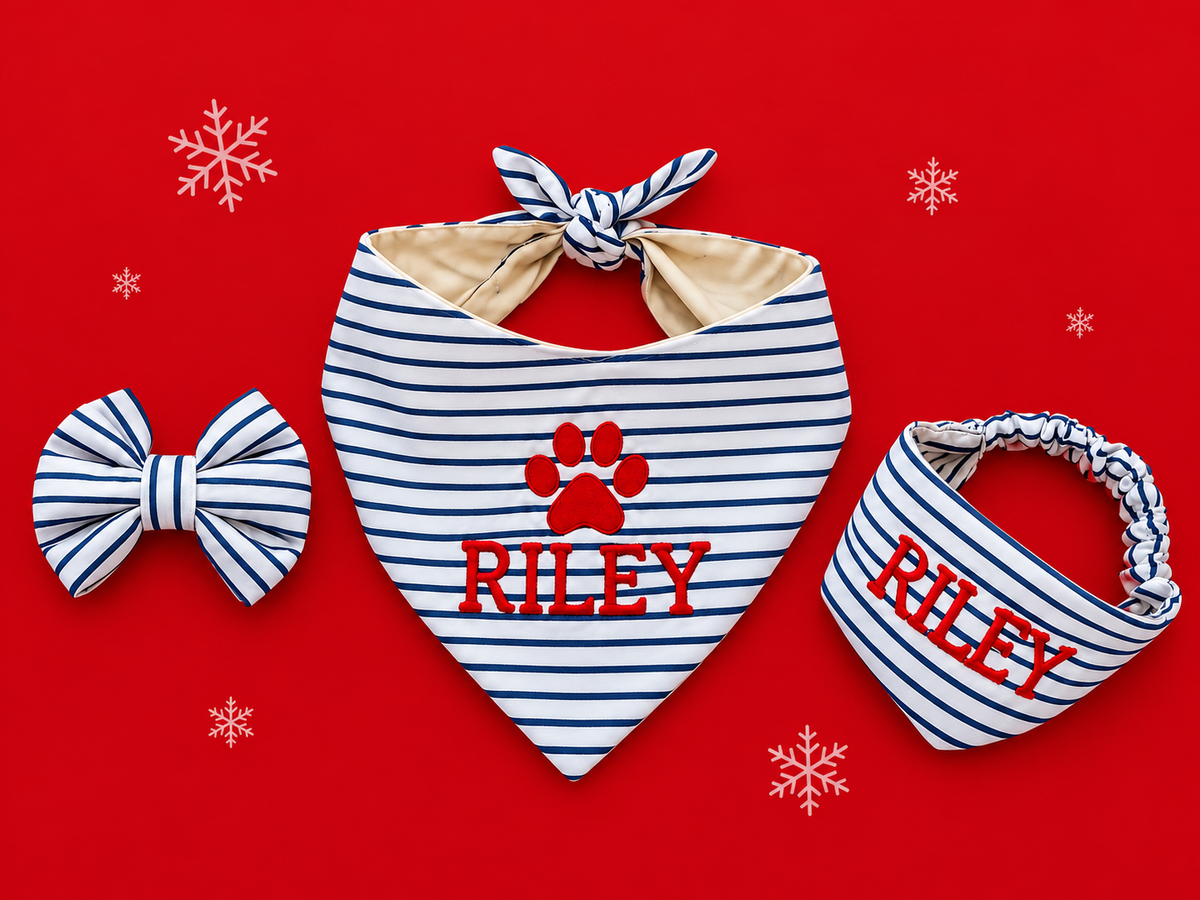 The Merry & Bright Collection | Personalized Christmas Dog Bandanna Set with matching headband